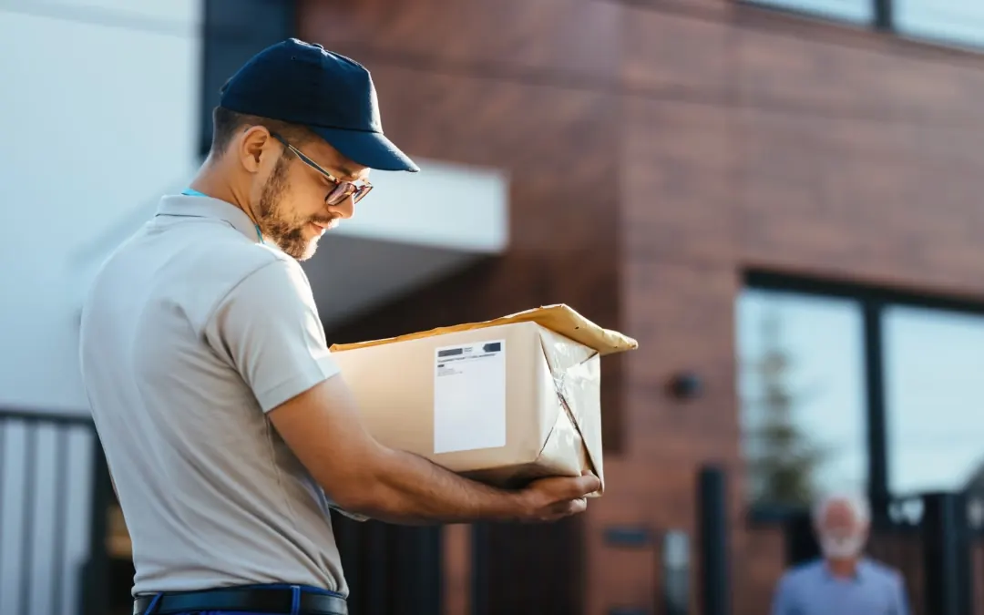 Young delivery driver carrying a Voice Memories parcel
