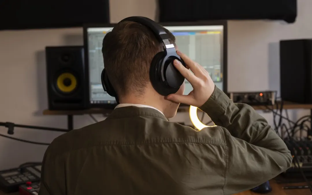 Musician in a studio working on restoring recorded audio messages