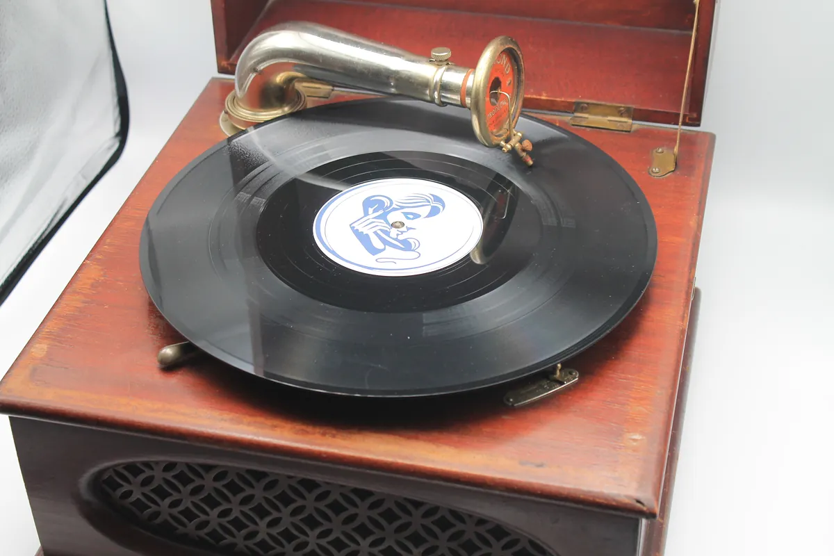 Voice Memories vinyl record on an antique gramophone
