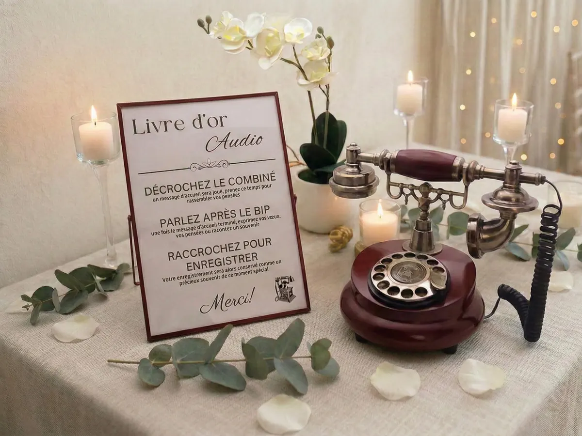 Téléphone de style antique posé à côté d’un cadre « Livre d’or audio », entouré de bougies