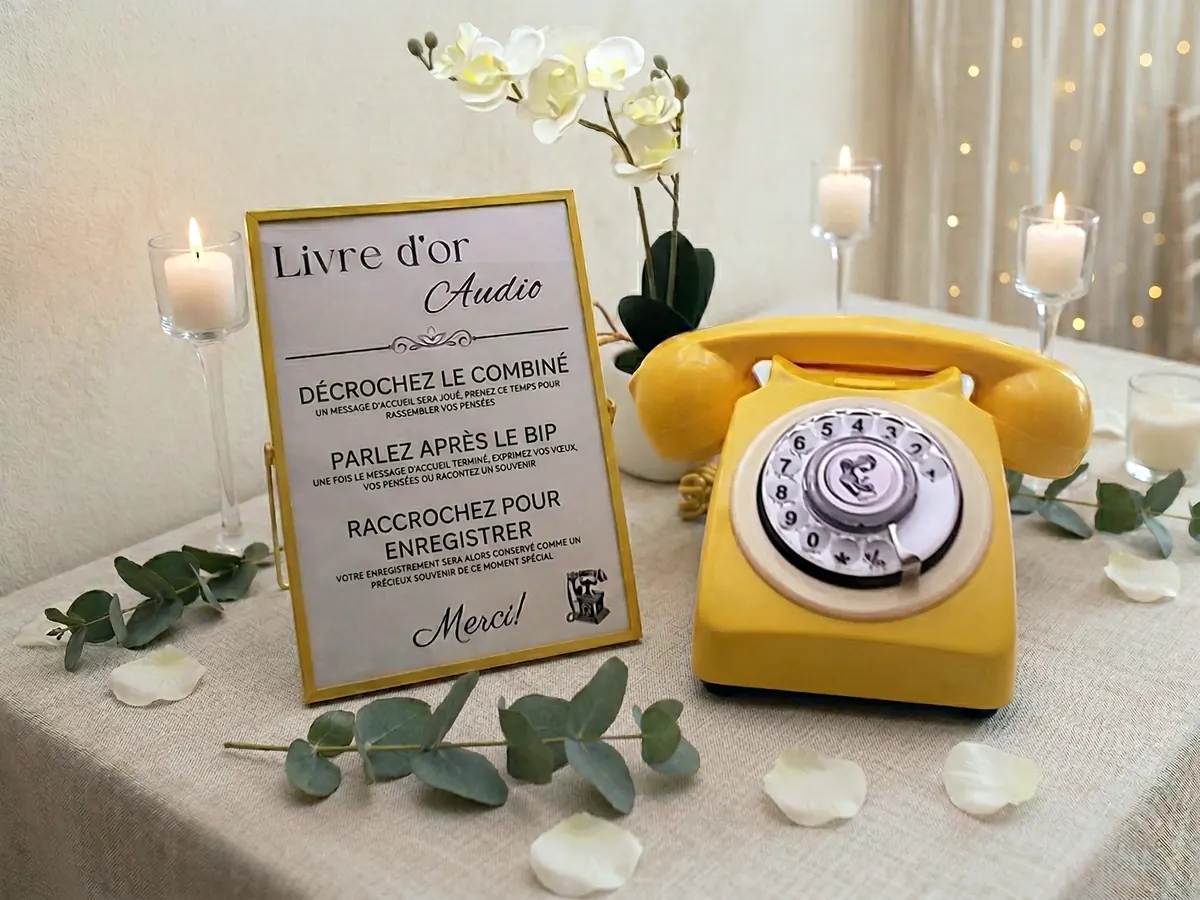Telefono giallo a disco accanto a una cornice «libro degli ospiti audio» su un tavolo decorato