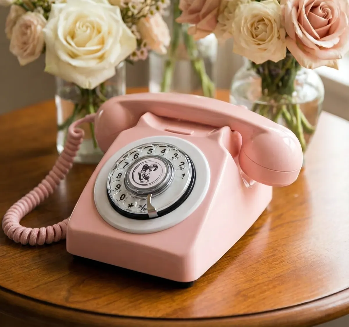 Telefono rosa a disco su un tavolo, davanti a mazzi di rose